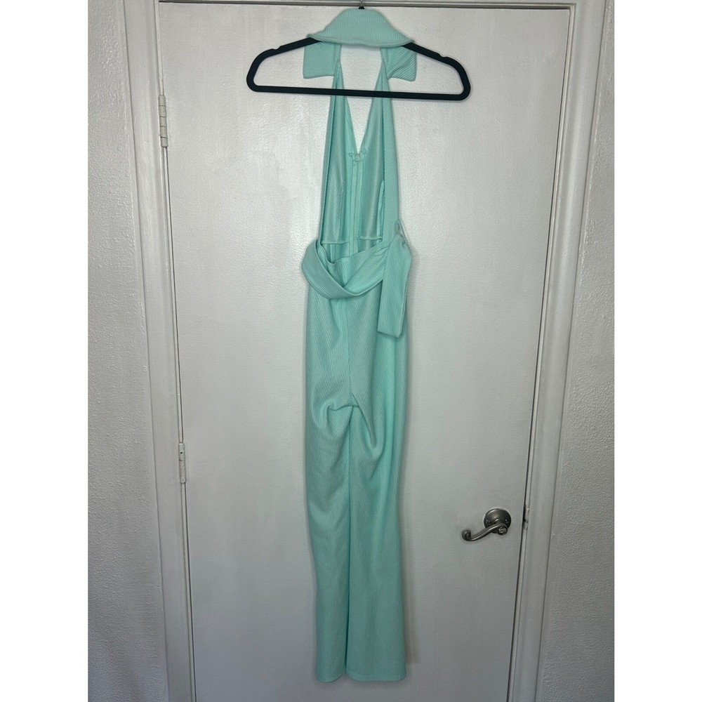 ASOS Ribbed Zip Front Collared Retro Flared Blue Jumpsuit with Belt US 0 - Picture 3 of 7